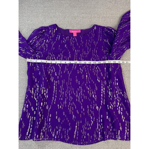Lilly Pulitzer Idina Blouse Top Long Sleeve Silk Blend Purple Gold Medium - Picture 6 of 8